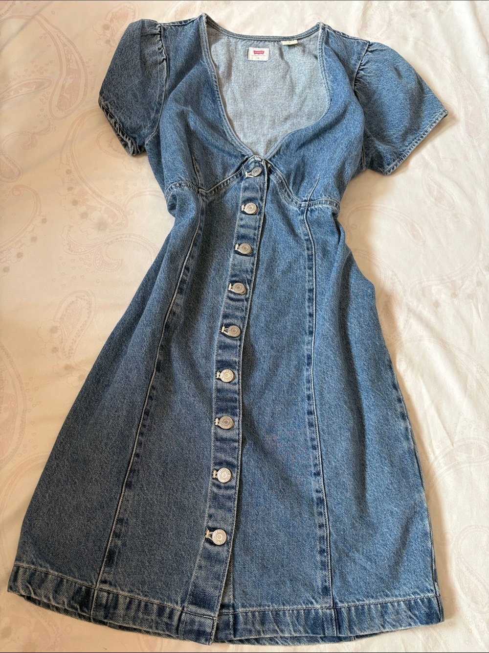 Levi's Medium Blue Denim Button-Front Midi Dress with Puff Sleeves